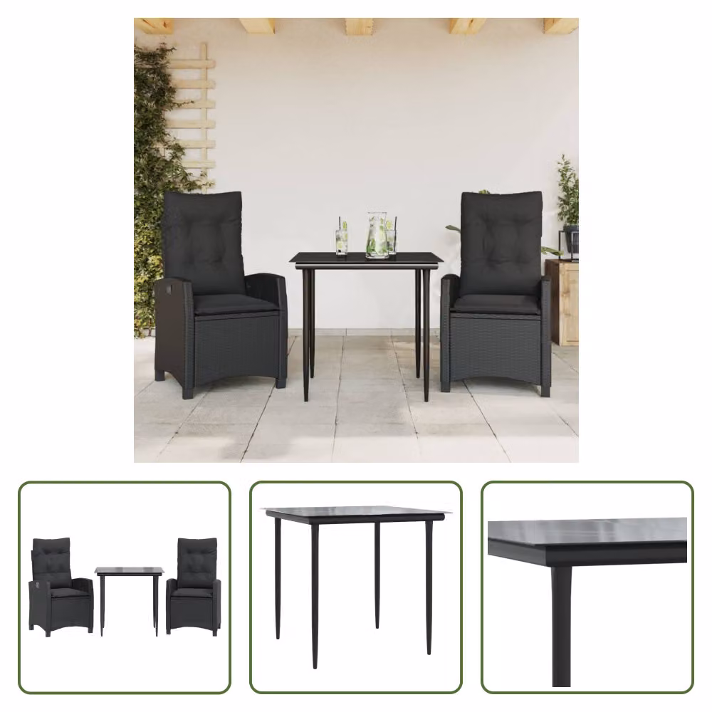 The Living Store Set da pranzo da giardino in 3 pezzi con cuscini in poly rattan nero