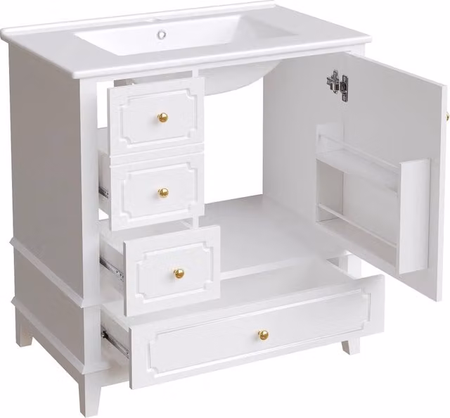 Mobile Bagno a Terra 76;5 cm Bianco con Lavabo in Ceramica Antibatterica e Maniglie Dorate