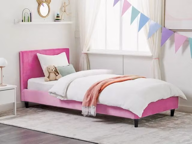 Letto singolo Beliani in velluto rosa con rete a doghe in legno, stile moderno per camera da letto o bambini, L/P/H: 90 x 200 cm – 1