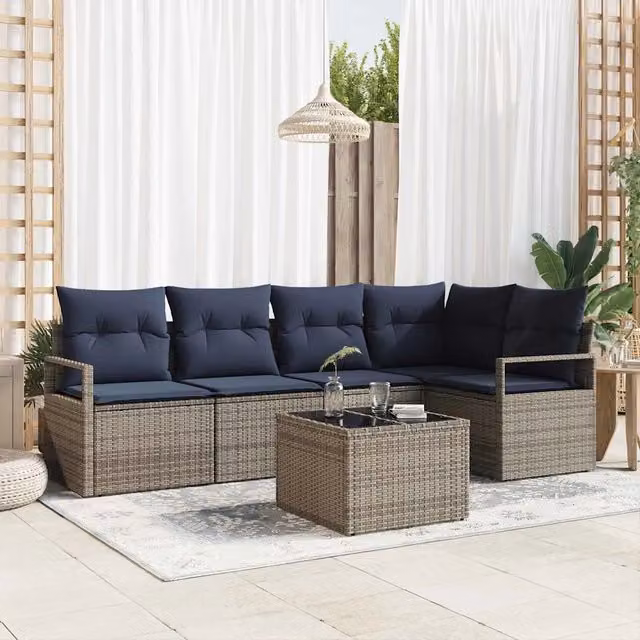 Set di divani da giardino vidaXL in polyrattan grigio con cuscini e tavolino da esterno
