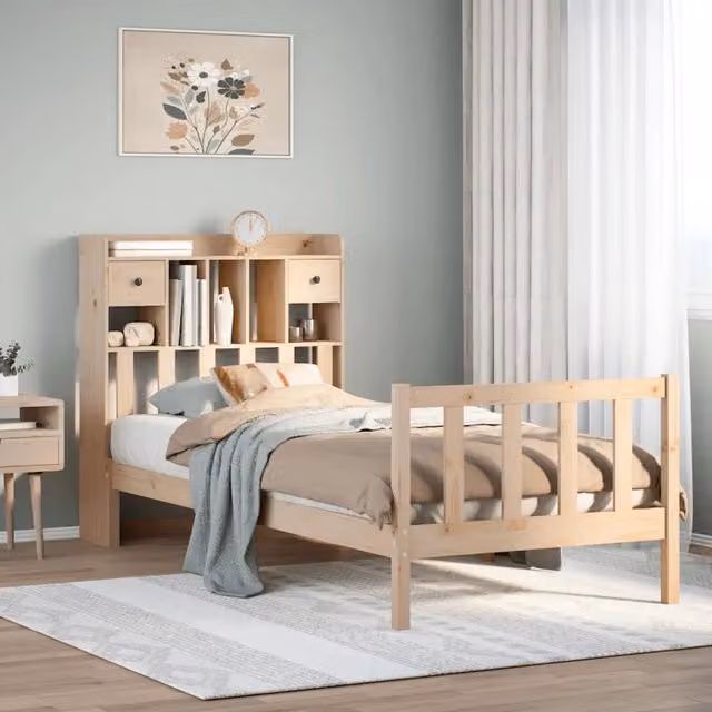 Letto Libreria VIDAXL in Legno di Pino Naturale con Ripiani e Cassetti, L/P/H: 228.5 x 110.0 x 106.0 cm