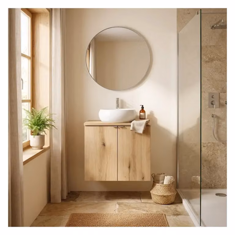Set da bagno sospeso Meublorama VANO effetto rovere marrone con mobiletto sotto lavabo e piano, L: 60 cm