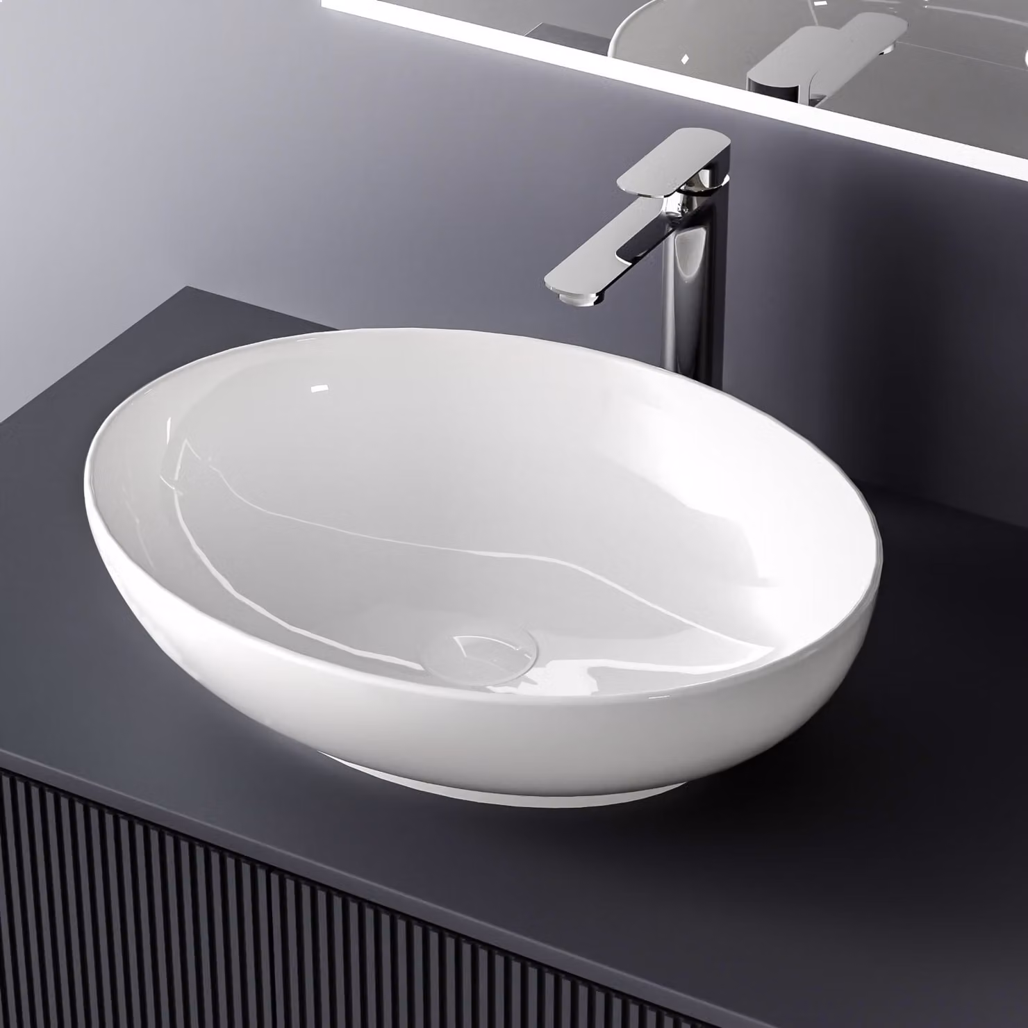 EMKE lavabo in Vetroceramica lavabo ovale da appoggio in bianco lucido senza foro per rubinetto 52 x 39,5 x 13 cm