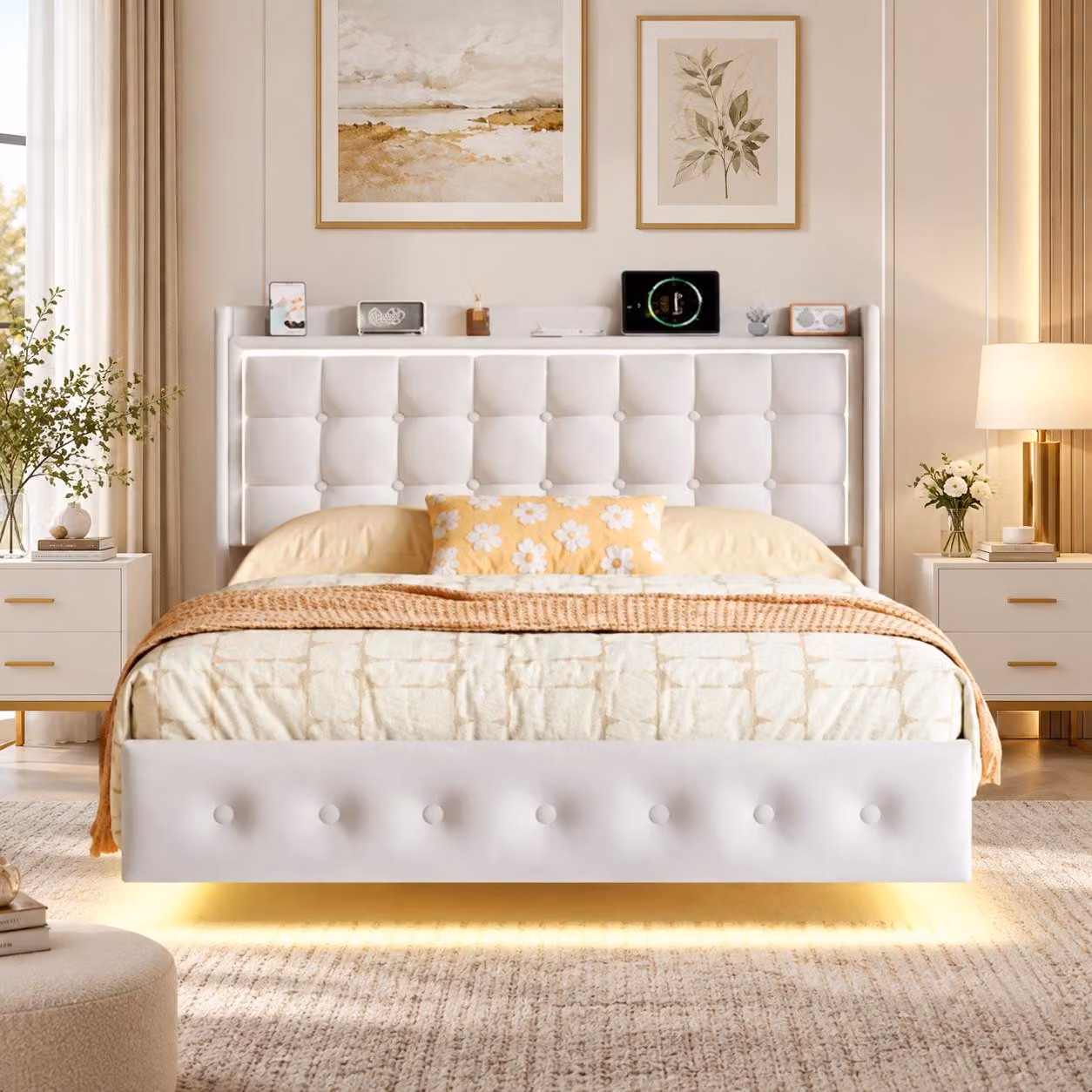 Letto imbottito INONEFT, 160x200 cm, letto per ragazzi con illuminazione LED, rete a doghe e testiera. Struttura del letto sospesa, con 1 porta USB-C e 2 porte USB-A. Tessuto: velluto, colore: beige