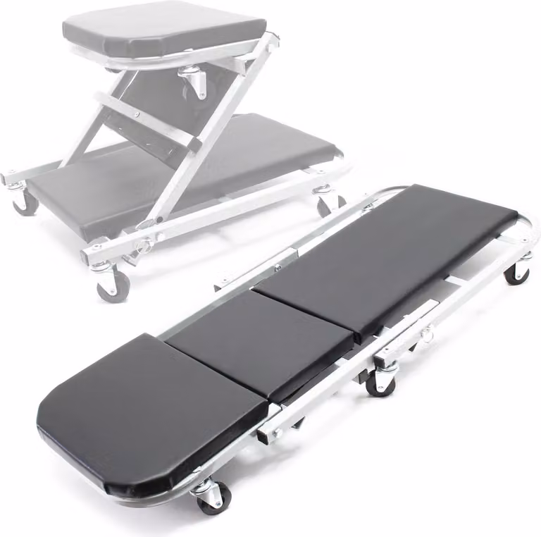 Wiltec 2-in-1 banco di montaggio e sedile da officina 102x42x15 cm, fino a 150 kg, sgabello da officina con piano di appoggio imbottito e 6 ruote piroettanti, banco di montaggio, tavola rotante