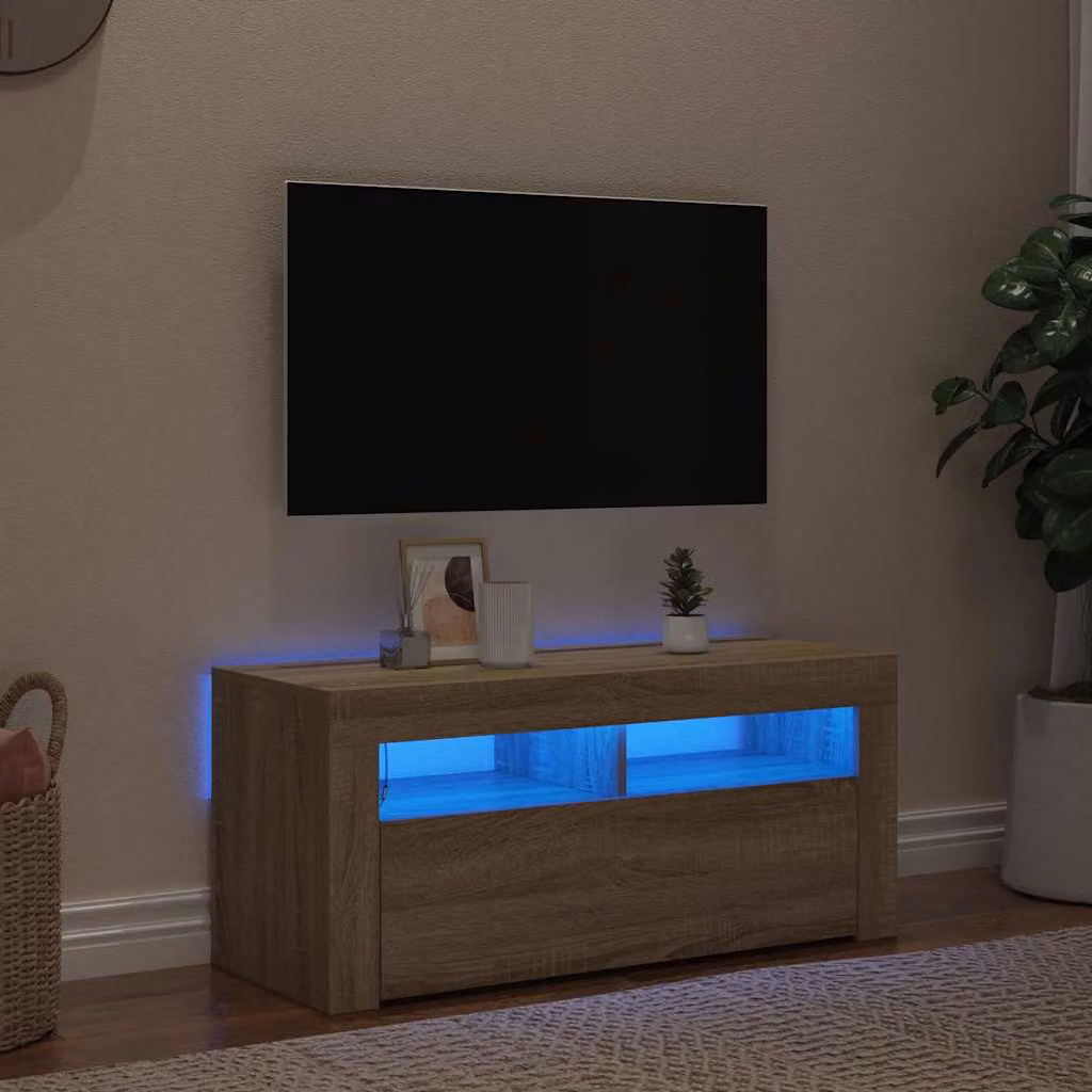 vidaXL Mobile Porta TV Moderno con Luci LED Integrate in Rovere Sonoma, Marrone, L: 90 cm, P: 35 cm, H: 40 cm