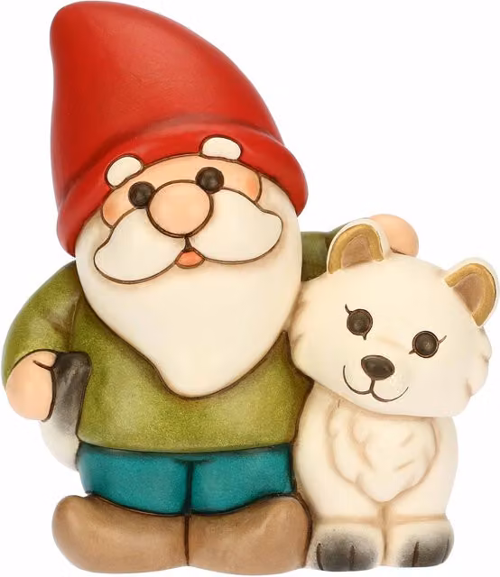Statuetta Thun Gnomo Oliver con volpe bianca Perla in ceramica multicolore per decorazione invernale