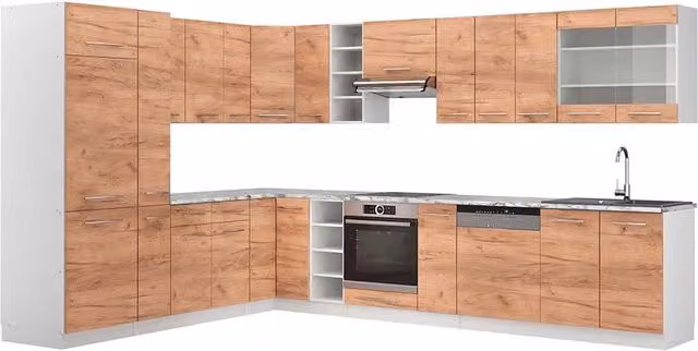 Cucina angolare completa Fame-Line Rovere dorato/Bianco 347 x 257 cm, PL Marmo Vicco