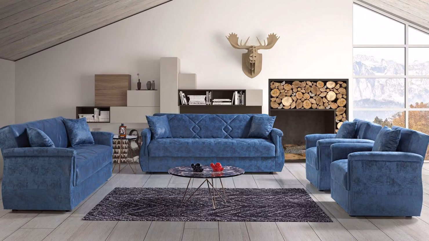 Sofagarnitur 3+2+1+1 Holz Wohnzimmer Luxus Sofa Modern Stoff Komplett