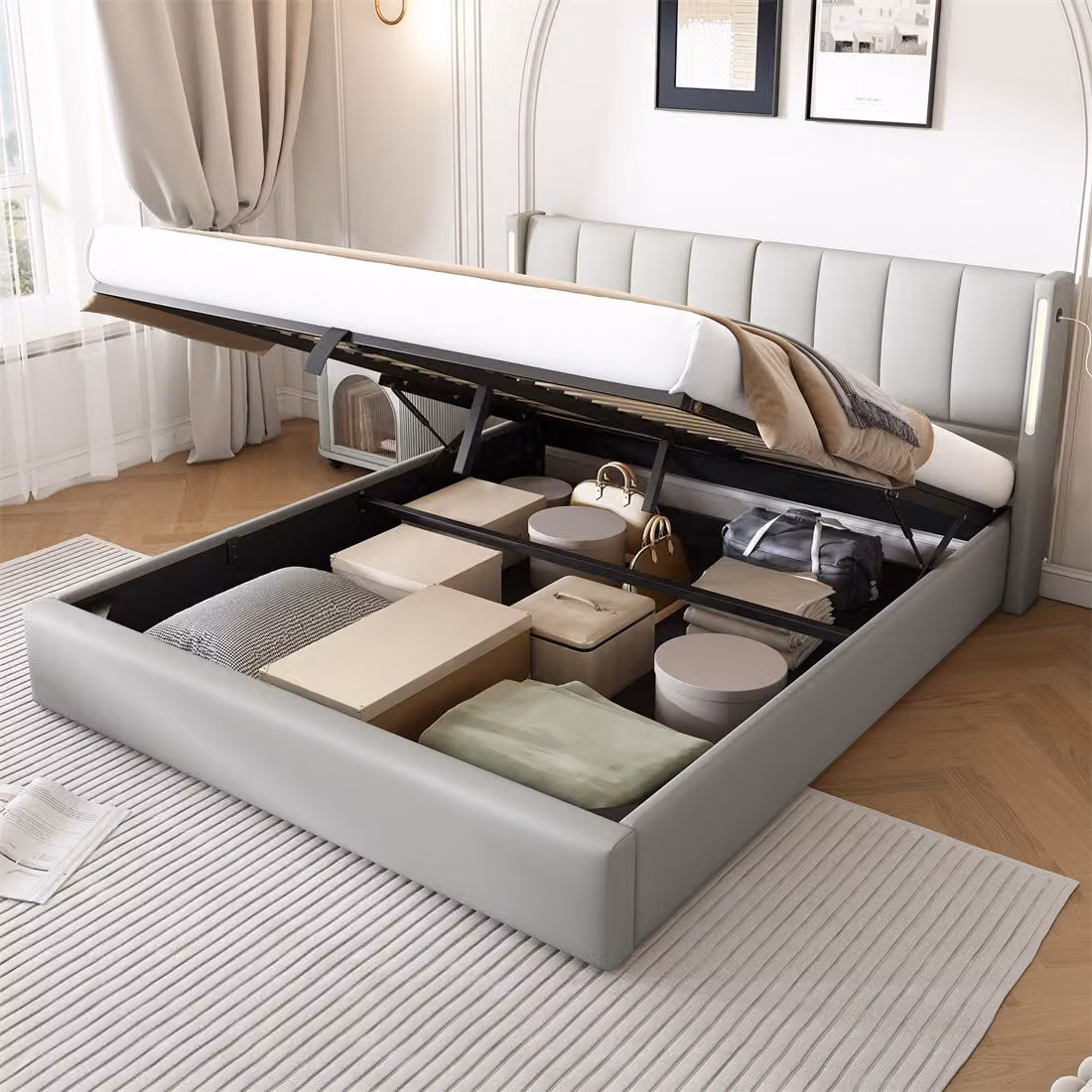 Letto imbottito Sweiko 140 x 200 cm, letto idraulico, con illuminazione LED, con vano contenitore, testata regolabile, PU, bianco