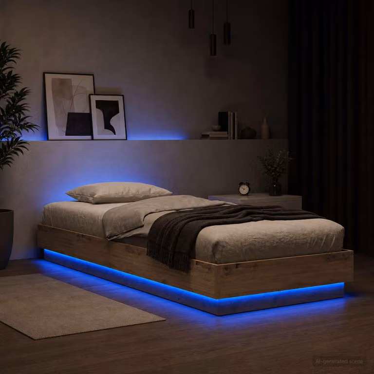 Letto matrimoniale Maison Exclusive, struttura in legno multistrato, finitura "Artisan" in legno di quercia, illuminazione LED, dimensioni 80 x 200 cm