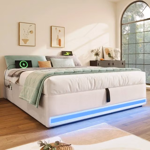 Letto imbottito 140 × 200 cm con vano contenitore idraulico in lino beige LED USB e porta Type-C