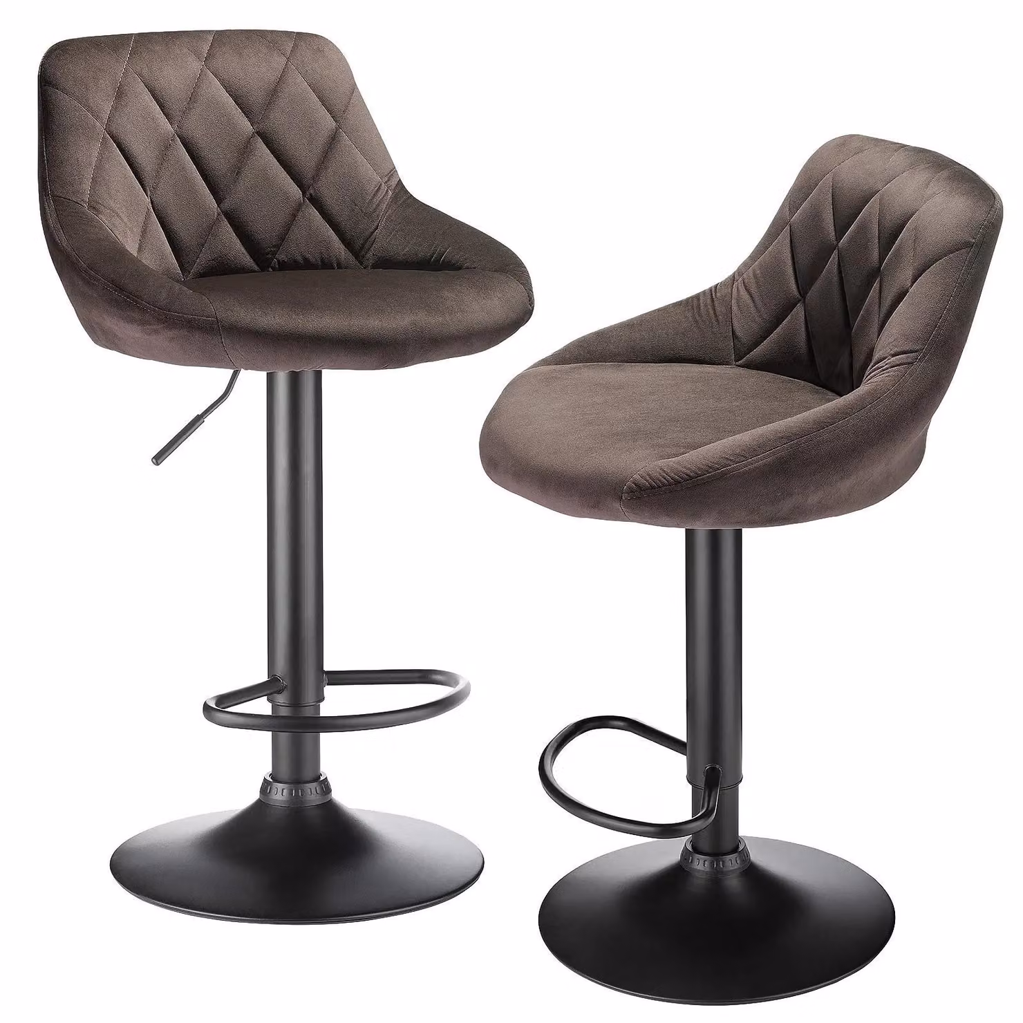 Set di 2 sgabelli in velluto - Sedia da cucina moderna - Regolabile in altezza - Rotazione a 360° - Struttura in metallo con poggiapiedi - Seduta imbottita - Colore marrone cioccolato