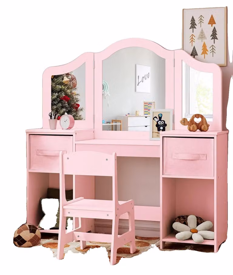 Truccheria per bambini, in legno, con specchio rimovibile a tre ante, bianco e rosa