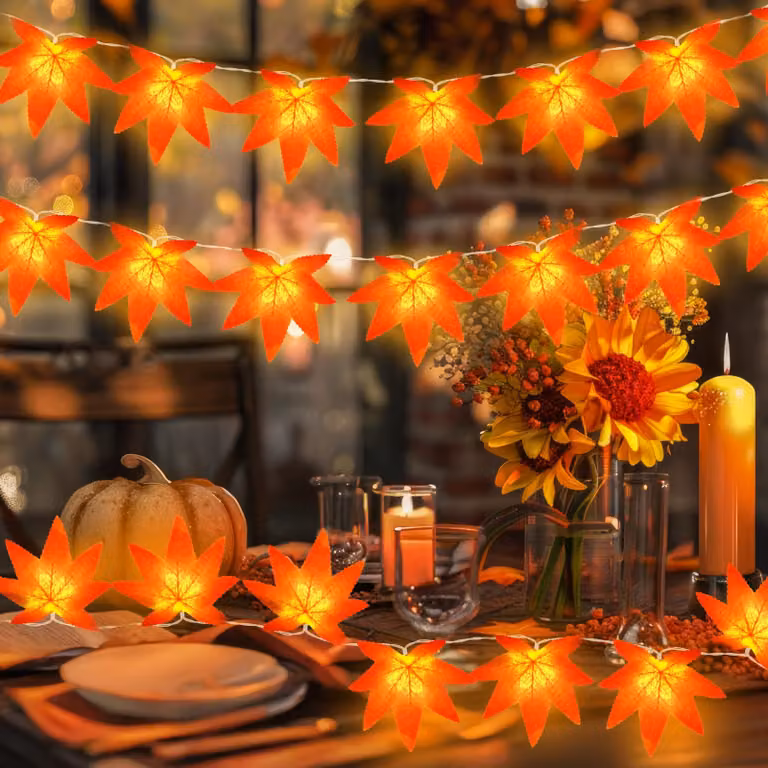Catena luminosa con 20 foglie di acero, lunghezza 3 metri, LED, timer, decorazione autunnale