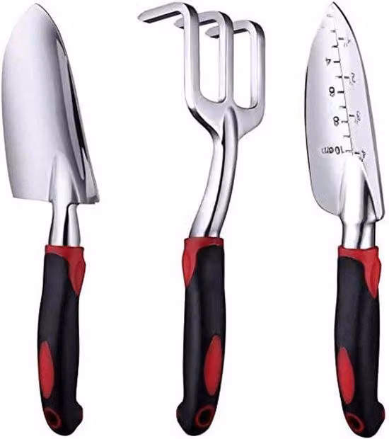 Set di attrezzi da giardino, 3 pezzi in alluminio per uso intensivo, comprendente una zappa a mano, una zappa da trapianto e una zappa a lama fissa, impugnatura gommata antiscivolo, set da giardino per uomini e donne (rosso)