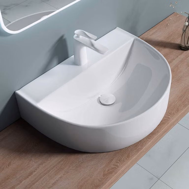 doporro Lavabo da Appoggio in Vetroceramica Bianco Lucido, Lavandino Bagno Moderno con Foro Rubinetto e Rivestimento Nano 60x45x18 cm Brš¹ssel896