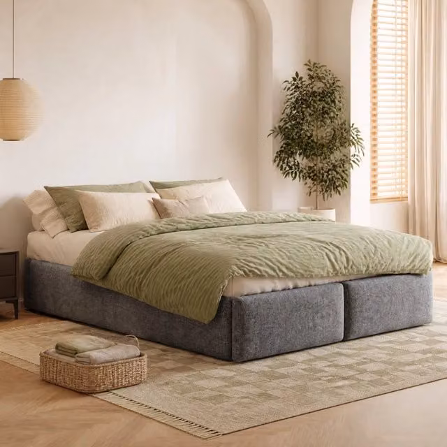 Letto imbottito a piattaforma senza testiera con contenitore idraulico e 2 cassetti; 140x200 cm; grigio