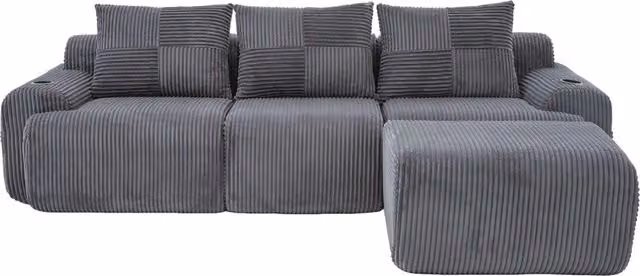 Divano modulare 3 posti 268x174x80 cm in velluto a coste con portabicchieri; grigio scuro