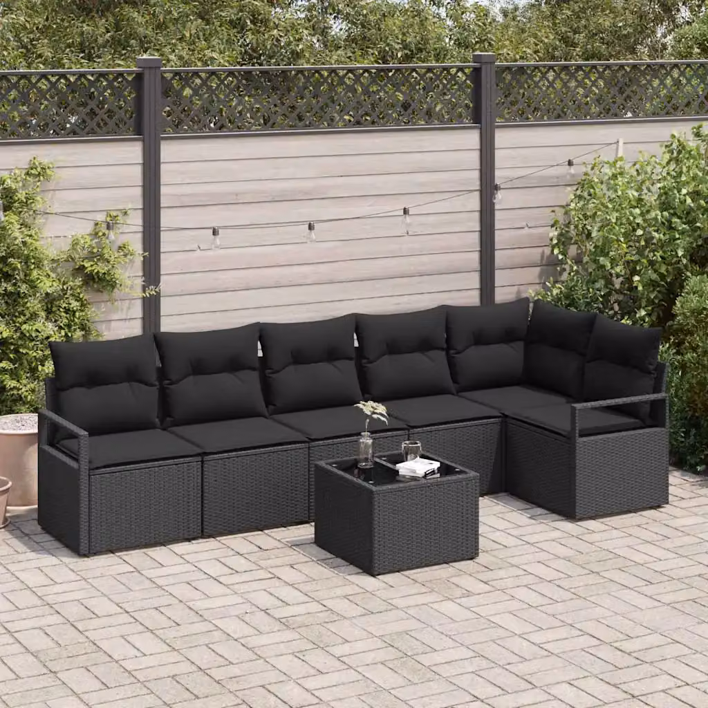 Set Divano da Giardino vidaXL 7 Pezzi in Polyrattan Nero con Cuscini e Tavolino – 1