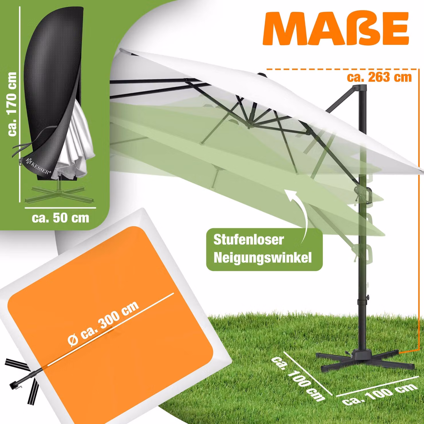 Ombrellone KESSER® Ombrellone a braccio SUN XL 300 x 300 cm Incl. copertura + protezione antivento Girevole Inclinabile Ribaltabile Ombrellone da mercato Grande rotazione a 360°, ombrellone da giardino con manovella Protezione solare UV50+