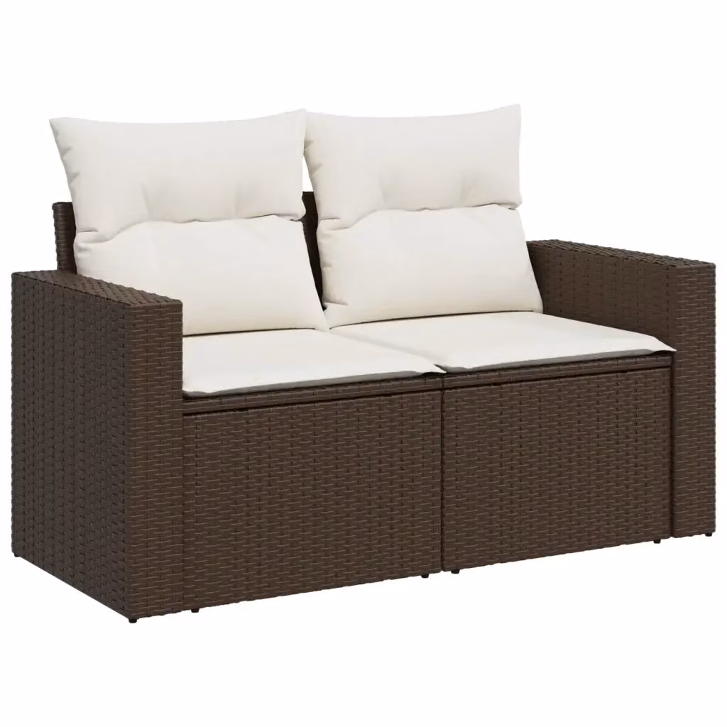 Divano da giardino a 2 posti vidaXL in polyrattan marrone e bianco con cuscini imbottiti e coperture rimovibili – 2