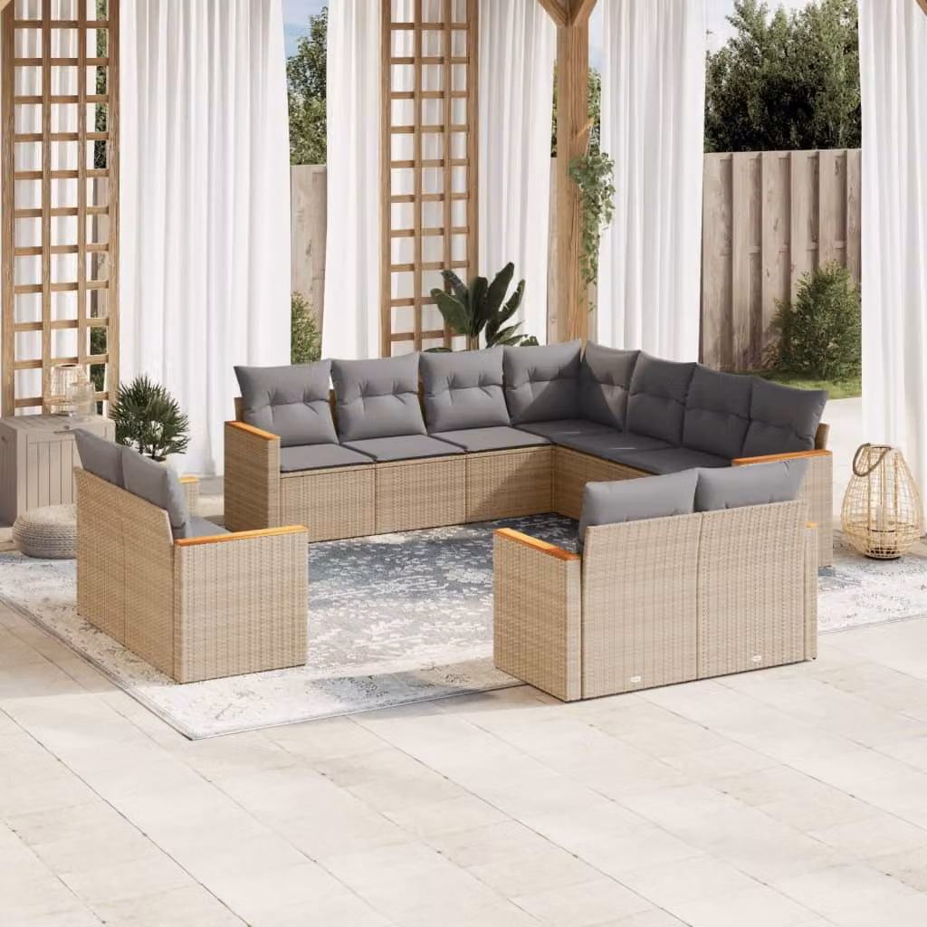 vidaXL Set Divano da Giardino a L 11 pz in Polyrattan con Cuscini Beige e Grigio e Struttura in Acciaio Verniciato a Polvere – 1