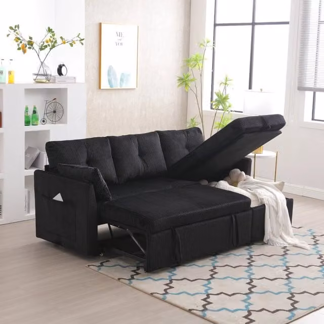 Divano letto ad angolo modulare MIVRAY in velluto a coste nero con vano contenitore e configurazione reversibile L/P/H: 206 x 108 x 66 cm