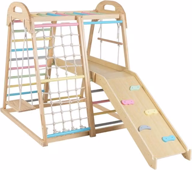 Set da arrampicata in legno con scivolo barra delle scimmie scala a corda, Palestra per bambini 8 in 1 con piattaforma Colorato