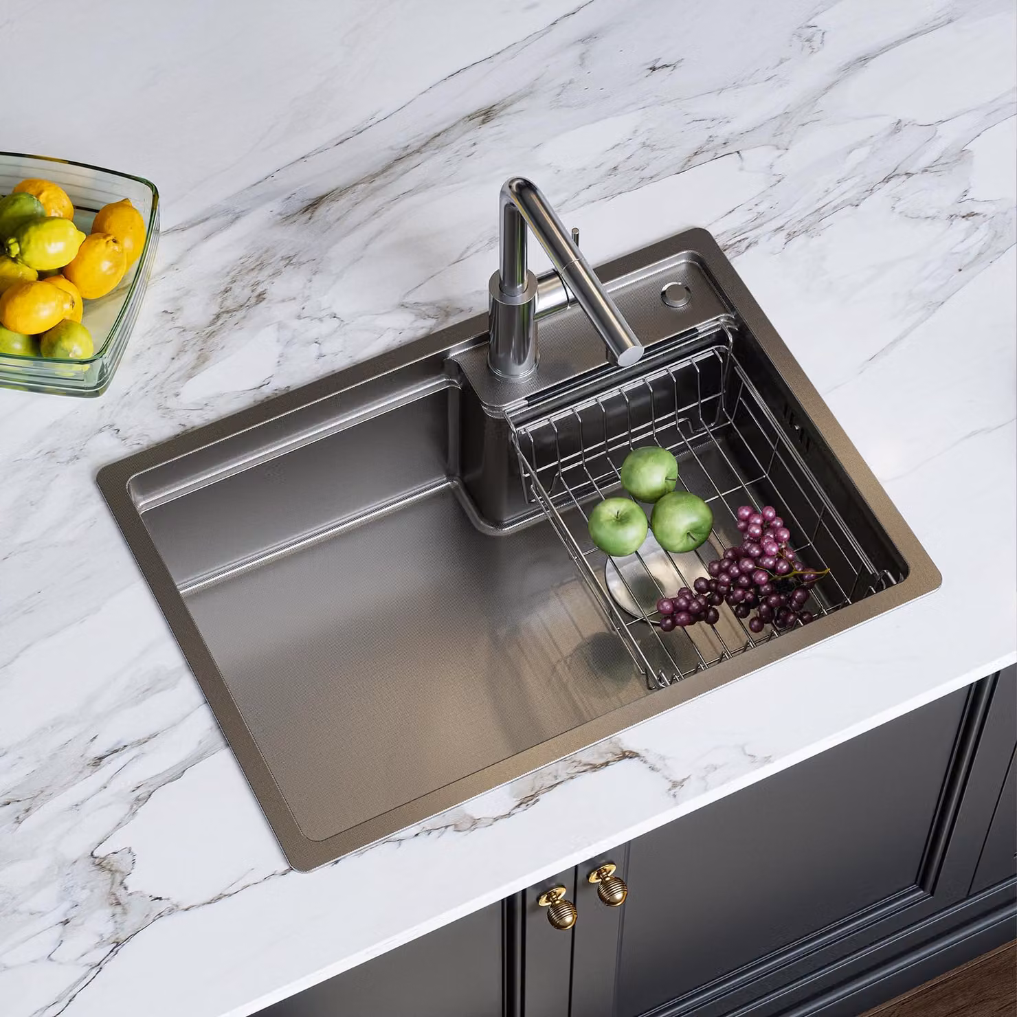 HOROW Lavello da cucina Lavello da incasso in acciaio inox 62x44 cm 1 vasca Lavello da cucina con sifone e scolapiatti Superficie - resistente agli oli e ai graffi