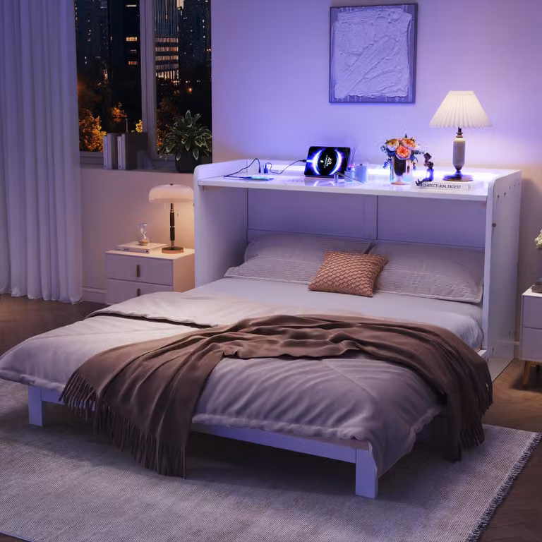 Letto a scomparsa Merax 140x200 cm con LED, USB e presa di corrente, finitura lucida, cassetti, letto ribaltabile a parete, letto a piattaforma, bianco