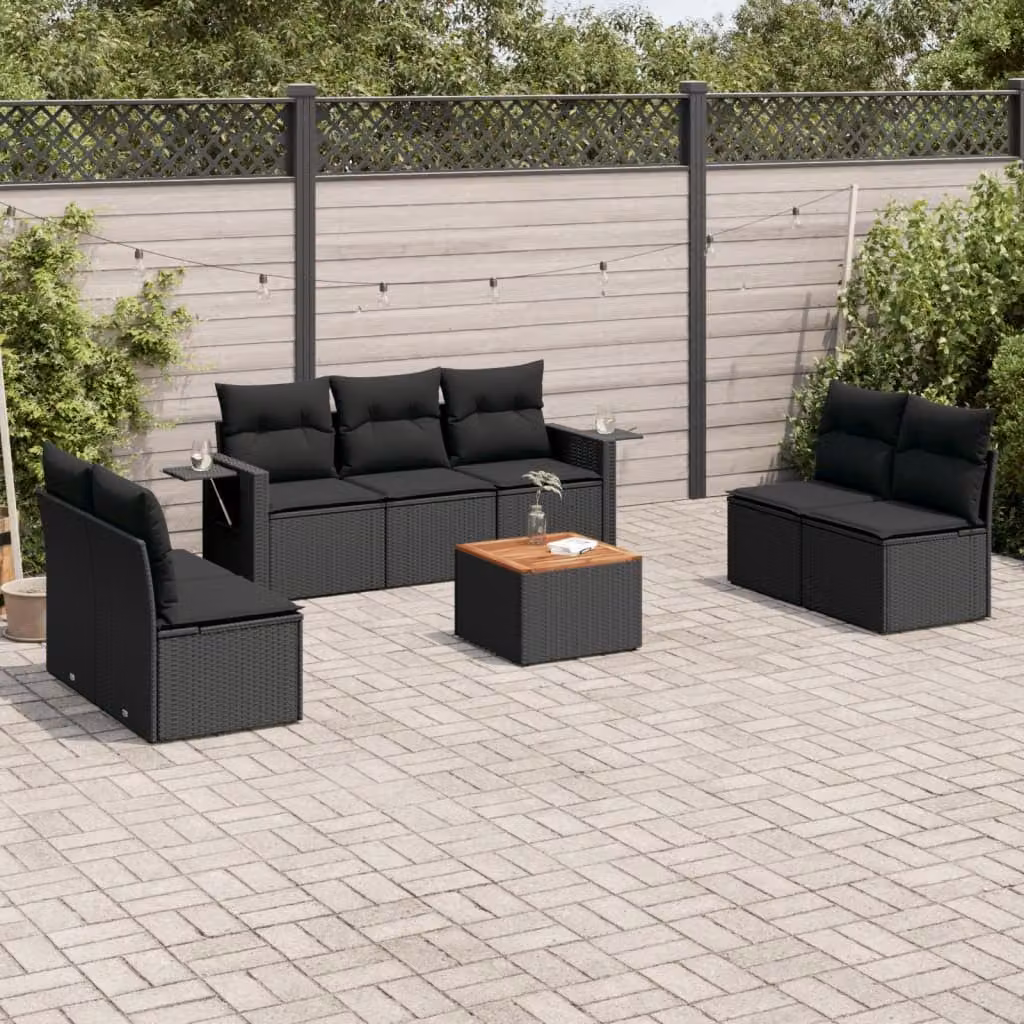 vidaXL Set Divani da Giardino in Polyrattan Nero con Cuscini 8 pz – 1