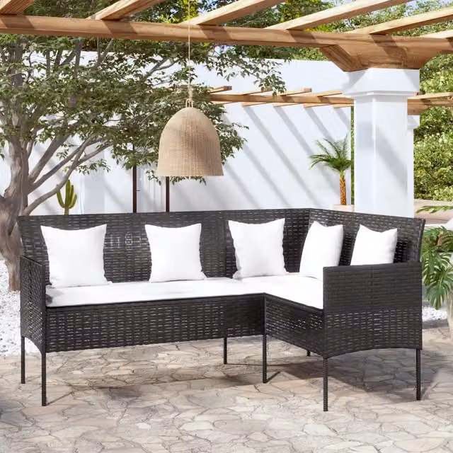 Divano da giardino a forma di L vidaXL con cuscini bianchi e struttura in metallo nero