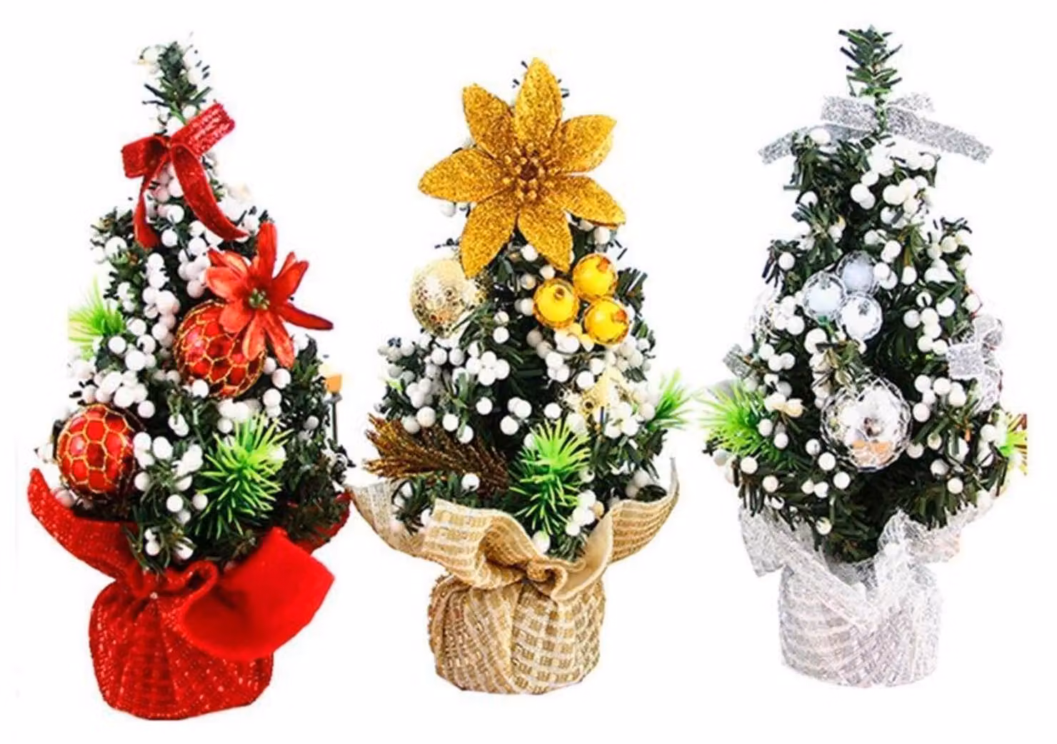 Set di 3 mini alberi di Natale artificiali, oro, argento, rosso