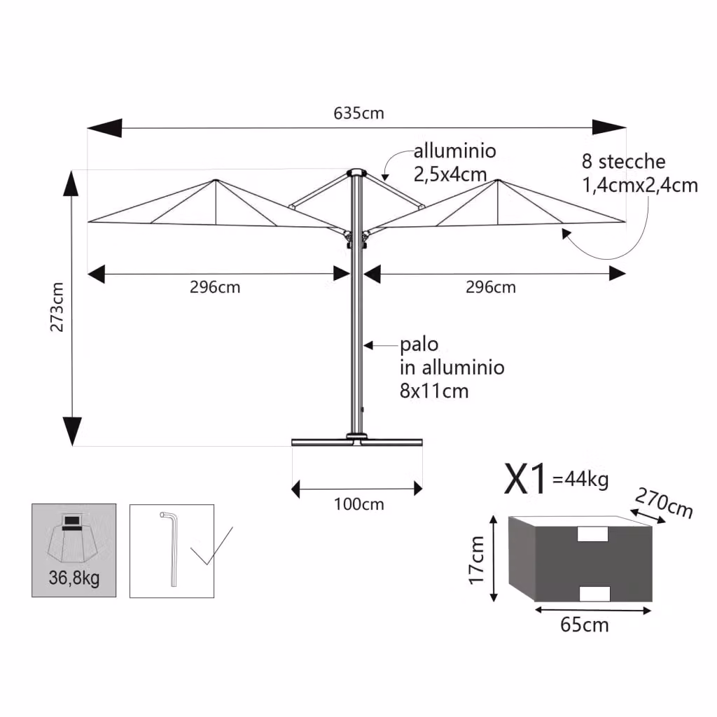 Ombrellone Doppio Archimede Antracite e Taupe con Telo Antivento in Poliestere e Struttura in Alluminio L/P: 300 x 300 cm, H: 273 cm – 2