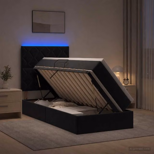 Letto con contenitore vidaXL in velluto nero con illuminazione LED e porta USB, L/P/H: 100 x 200 x 128 cm