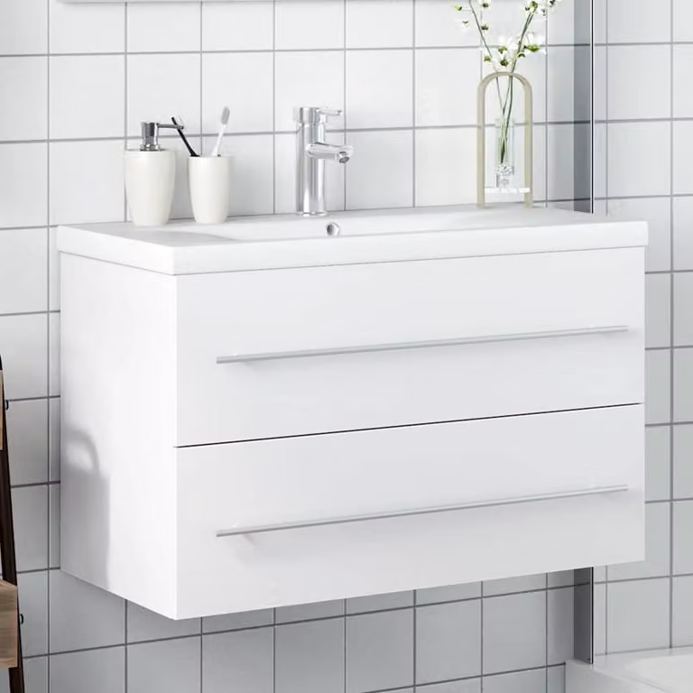 Mobile da Bagno Sospeso con Lavabo in Ceramica Bianco lucido vidaXL L: 80 cm, P: 38,5 cm, H: 48 cm