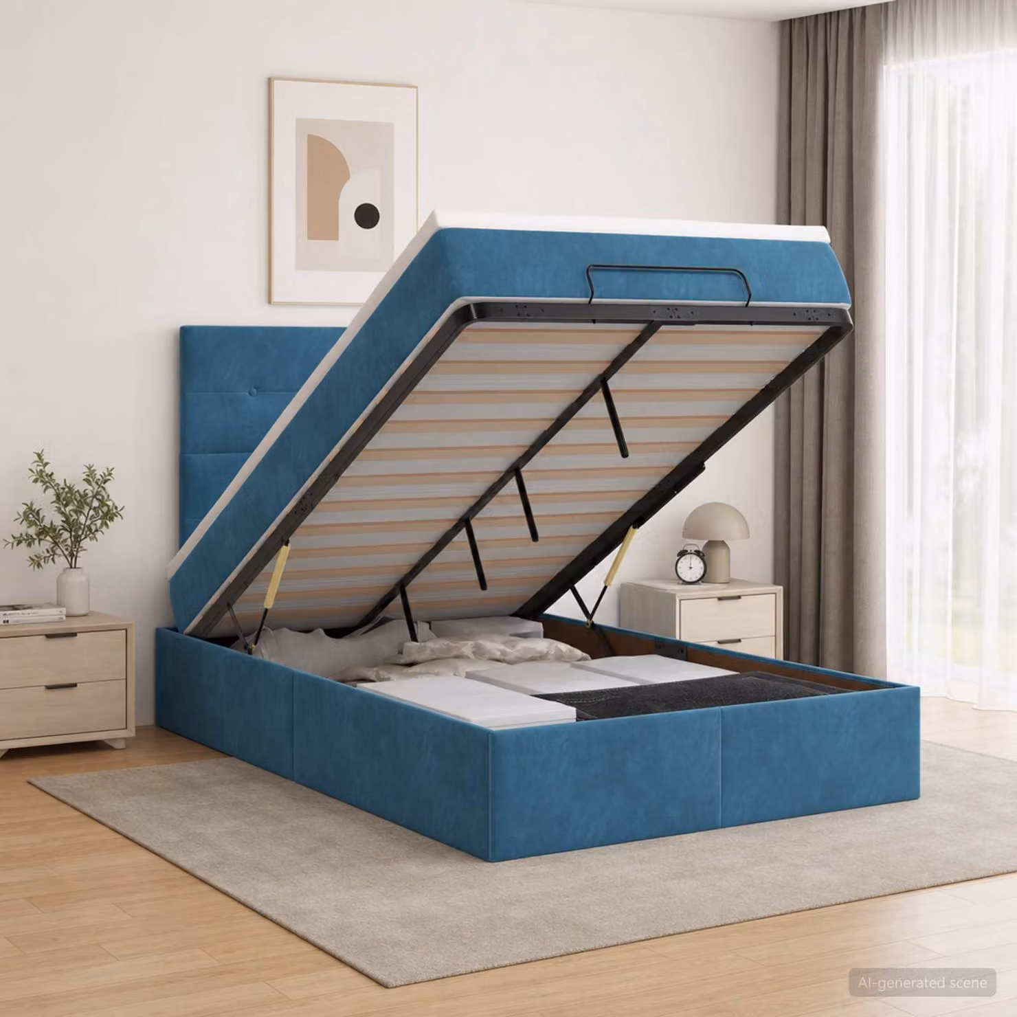 Letto ottomano con materasso vidaXL in velluto blu, base a sollevamento, L 120 x P 200 cm