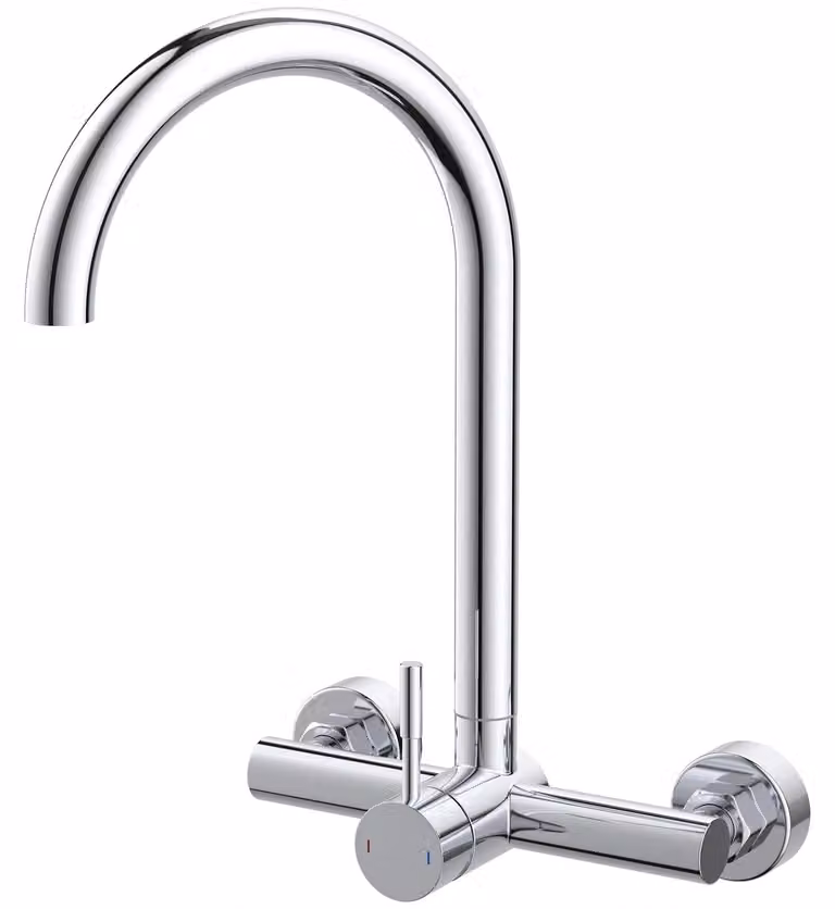 Miscelatore da cucina a parete, girevole a 360°, cromato, distanza tra i fori: 13,5–16,5 cm