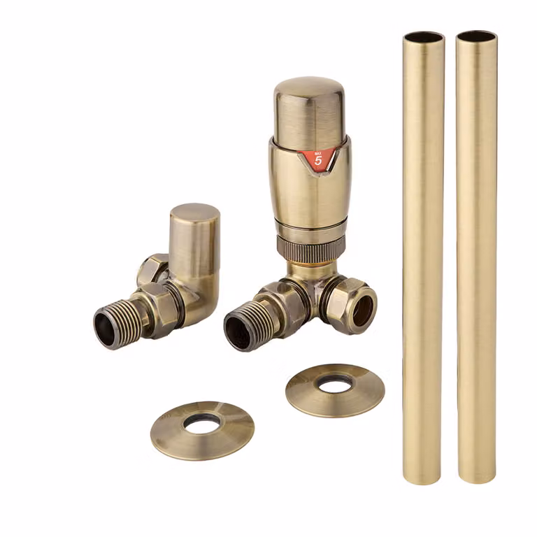 Set Moderno di Tubi e Valvole Termostatiche ad Angolo per Radiatore - Oro Spazzolato
