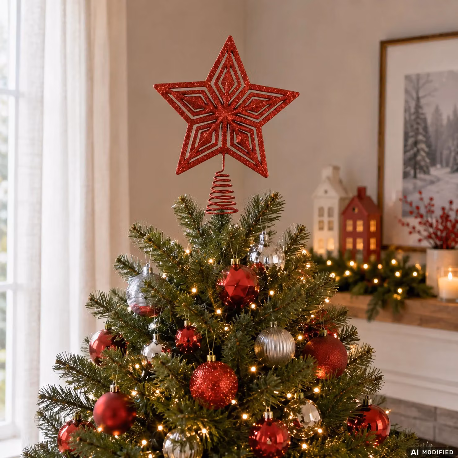 Puntale Stella per Albero di Natale VESTIAMO CASA, Colore Rosso Glitter, Altezza: 27 cm – 2