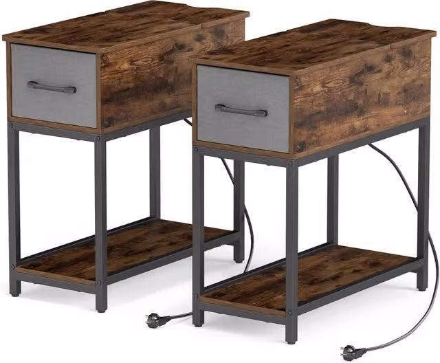 Set di 2 tavolini laterali in stile industriale con stazione di ricarica e luci LED, comodini in legno e metallo marrone con cassetto e ripiano aperto per piccoli spazi