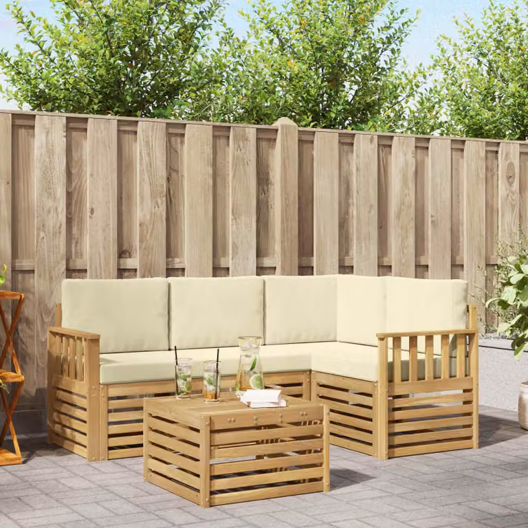 Set di divani da esterno vidaXL a forma di L composto da 5 pezzi con tavolino, in legno di acacia e tessuto bianco, beige e marrone
