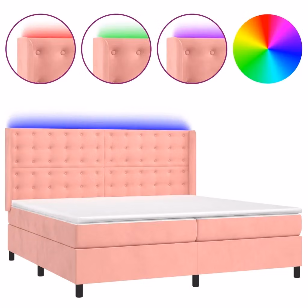 Letto matrimoniale vidaXL in velluto rosa e bianco con materasso ibrido, illuminazione LED sottostante e porta USB, L/P/H: 200 x 200 x 203 cm – 2
