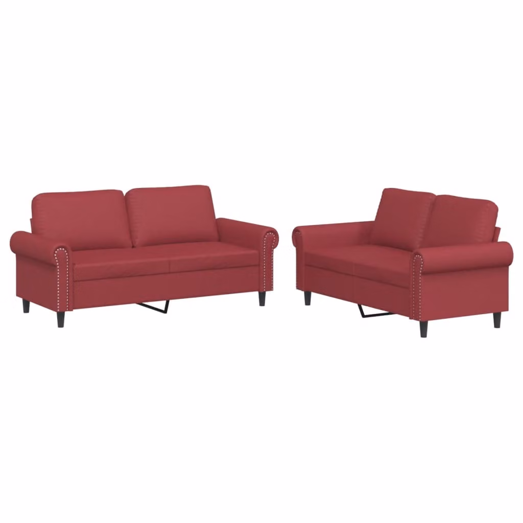 Set di Divani 2 pz con Cuscini Rosso Vino in Pelle finta