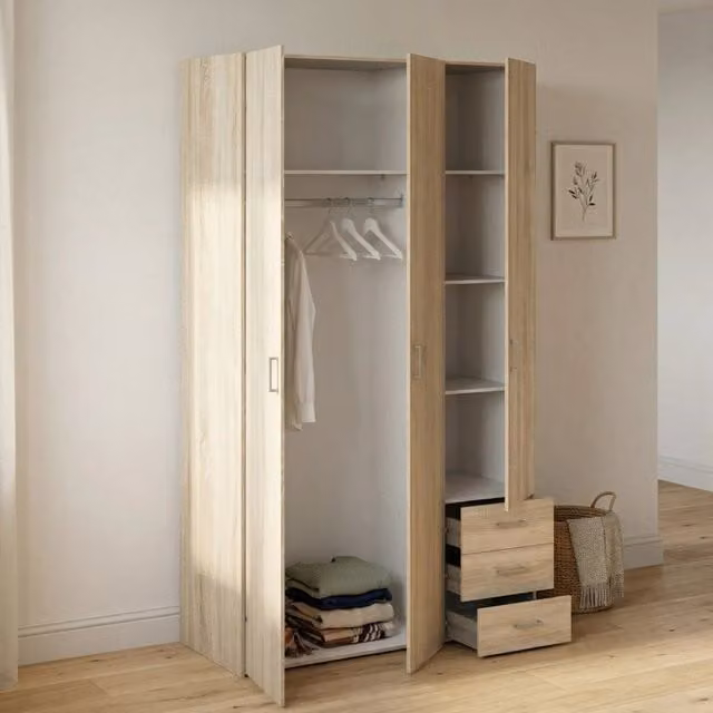 Armadio guardaroba moderno DMORA con tre ante e cassetti integrati, colore quercia e marrone, L: 115 cm, P: 49,5 cm, H: 200,4 cm
