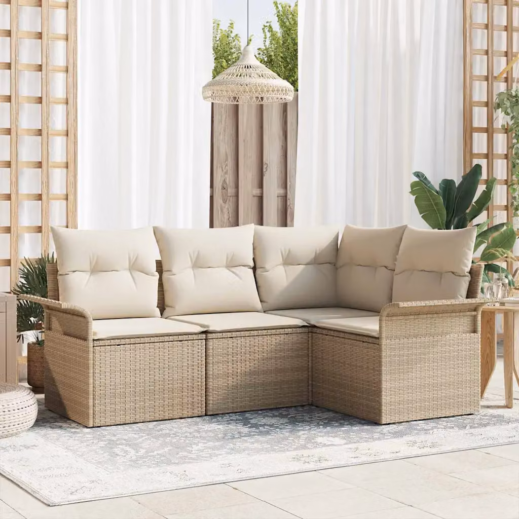 Set Divano da Giardino vidaXL 4 pz in Polyrattan Beige con Cuscini e Tavolino da Esterno