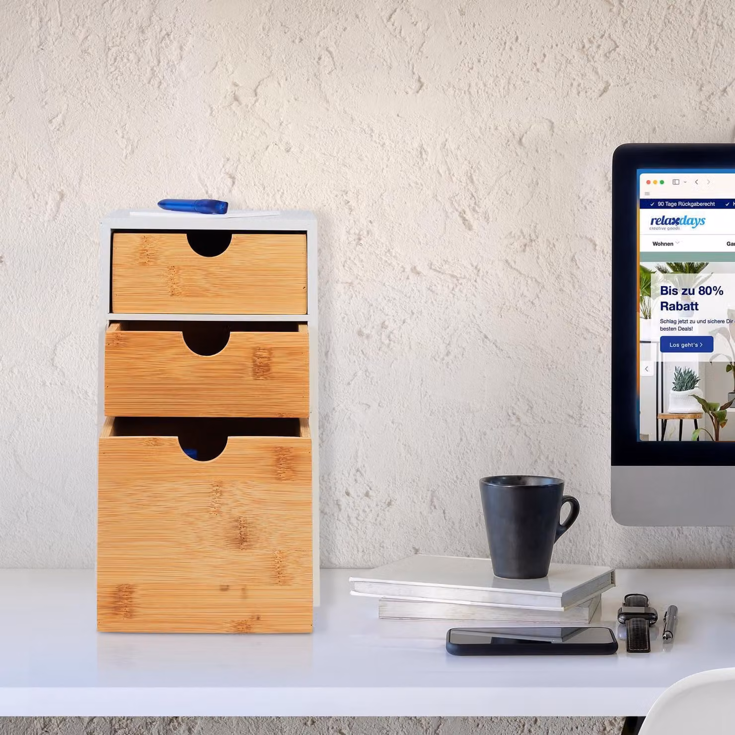 Organizer da scrivania con 3 cassetti, MDF di bambù