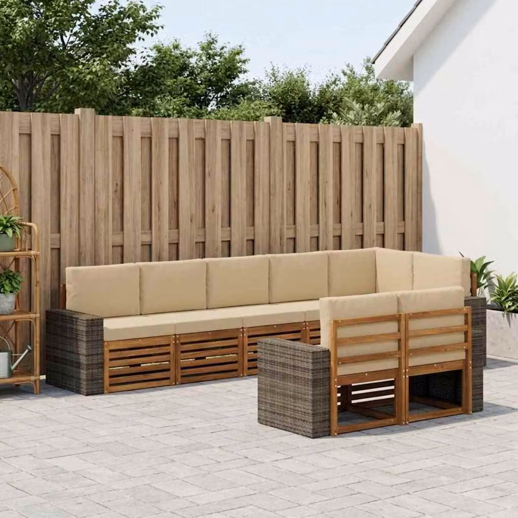 Set di divani da esterno vidaXL a forma di L composto da 8 pezzi in legno di acacia e poliestere resistente ai raggi UV, colori beige, marrone e bianco