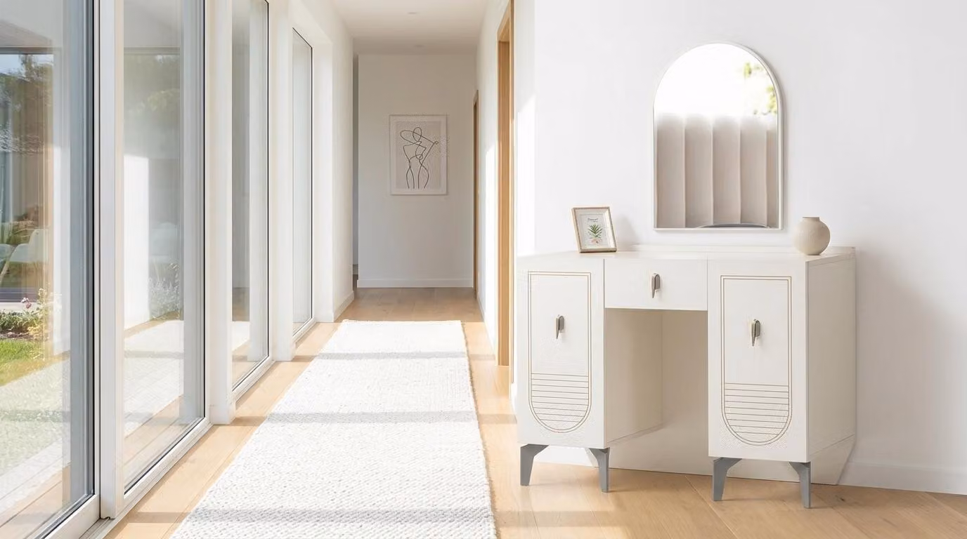 Set per camera da letto: comodino, specchio, design moderno, confortevole, elegante, bianco